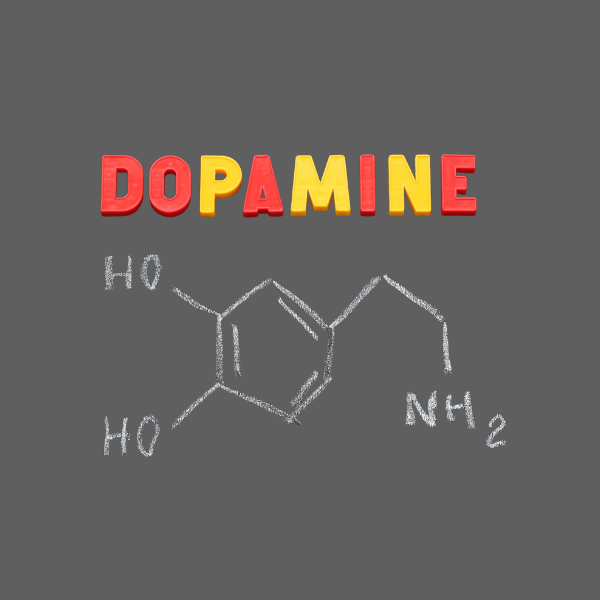 the word dopamine in red and yellow letters above the chemical expression  of the term, H0, Ho, NH2, what is a workaholic, iMind Mental Health Solutions